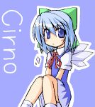  1girl blue_dress blue_eyes blue_hair bow character_name cirno dress female hair_bow happy_go_lucky ice ice_wings looking_at_viewer lowres red_ribbon ribbon shoot_the_bullet short_hair short_sleeves sitting solo touhou wings 