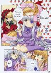  00s 3girls barasuishou blonde_hair blue_eyes bow comic dress eyepatch green_eyes grey_hair hard_translated hina_ichigo hug multiple_girls pink_bow rozen_maiden shinku smile tears yellow_eyes 