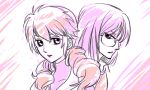  1boy 1girl back-to-back closed_mouth collarbone expressionless feldt_grace glasses gundam gundam_00 looking_at_viewer lowres monochrome pink rimless_glasses tieria_erde upper_body 