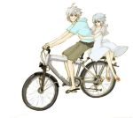  1boy 1girl ayanami_rei bicycle blue_hair collarbone contemporary dress full_body ground_vehicle hood hood_down hooded_sweater long_sleeves looking_at_viewer lowres lrk nagisa_kaworu neon_genesis_evangelion riding short_sleeves sidesaddle silver_hair simple_background sitting sundress sweater white_background white_dress 