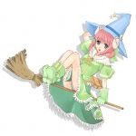  1girl animal_ears blue_eyes boots broom broom_riding double_bun dress full_body gloves green_boots hat horns monster_girl open_mouth panties pantyshot pink_hair sheep_(trickster) sheep_ears sheep_girl sidesaddle simple_background solo striped striped_panties trickster underwear upskirt white_background witch_hat 