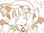  &gt;_&lt; 1girl :&lt; bat_wings blush_stickers catbell closed_eyes female monochrome orange_(color) remilia_scarlet solo touhou translated wings 
