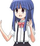  1girl blue_hair bow furude_rika higurashi_no_naku_koro_ni long_hair lowres meme oekaki open_mouth pink_bow promotions red_eyes ribbon solo 