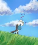  1boy 1girl ayanami_rei blonde_hair blue_dress blue_hair blue_sky clouds couple day dress field from_behind full_body grass heart hetero lowres lrk nagisa_kaworu neon_genesis_evangelion outdoors plant running short_hair sky 