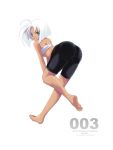  1girl ahoge ass barefoot bent_over bike_shorts blush dark_skin feet grey_eyes looking_back original sakurai_unan sarashi short_hair simple_background solo spandex white_hair 