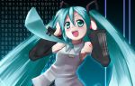  1girl :d aqua_eyes aqua_hair bangs binary cropped detached_sleeves hands_on_head hands_on_headphones hands_on_own_head hatsune_miku headphones long_hair necktie open_mouth shirt sleeveless sleeveless_shirt smile solo taicho128 twintails very_long_hair vocaloid 