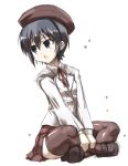  1girl :&lt; beret black_eyes black_hair hat indian_style looking_back mary_janes minami-ke minami_touma school_uniform shoes short_hair sitting sketch solo thigh-highs tokyo_(great_akuta) 