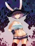  1girl angry animal_ears asaki_takayuki bandeau belt breasts buredo cameltoe cape choker cleavage death_bunny fingerless_gloves frown gloves groin hairlocs hand_on_hip hat hips large_breasts lowleg middle_finger midriff mound_of_venus navel pink_hair rabbit rabbit_ears red_eyes scar shirt short_hair short_shorts shorts skindentation skull_and_crossbones solo standing strapless taut_clothes taut_shirt thigh-highs tubetop wide_hips wrestle!_idol zettai_ryouiki 