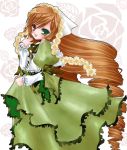  00s 1girl :d blush brown_hair chikkuru dress floral_background green_dress green_eyes head_scarf heterochromia layered_dress long_hair looking_at_viewer open_mouth puffy_short_sleeves puffy_sleeves rozen_maiden short_sleeves smile solo suiseiseki very_long_hair 