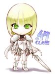  1girl armor blonde_hair cape chibi clare_(claymore) claymore claymore_(sword) female full_body green_eyes short_hair solo sword weapon 