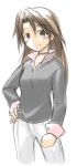  1girl brown_eyes brown_hair collared_shirt dreamy_noise hand_on_hip ikune_juugo long_sleeves looking_at_viewer pants shirt simple_background solo white_background 