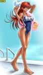 1girl arms_up bare_legs barefoot bird breasts duck female footprints full_body hand_behind_head hei_feng kagami_hirotaka large_breasts long_hair looking_at_viewer name_tag omc one-piece_swimsuit pool pool_ladder poolside red_eyes red_hair redhead school_swimsuit solo swim_cap swimsuit tan tattoo tokyo_kaidan towel walking wet