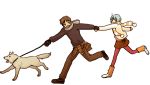  1boy 1girl :d ahoge alternate_costume animal ayanami_rei blue_hair brown_eyes brown_hair brown_pants brown_shirt brown_shoes brown_skirt cardigan clothes_around_waist covered_mouth dog hand_holding holding ikari_shinji leash leg_warmers long_sleeves looking_at_another lrk miniskirt mittens neon_genesis_evangelion open_cardigan open_clothes open_mouth outstretched_arms pants pantyhose plaid plaid_shirt polka_dot pom_pom_(clothes) red_legwear running scarf shirt shirt_around_waist shoes short_hair skirt smile sneakers striped striped_legwear striped_scarf sweater transparent_background vertical-striped_legwear vertical_stripes white_shoes winter_clothes 