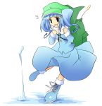  1girl :d backpack bag blue_dress blue_eyes blue_hair boots dress female flat_cap hat itose_ikuto kawashiro_nitori open_mouth pocket rubber_boots simple_background smile solo touhou two_side_up walking walking_on_liquid water white_background 