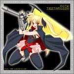  1girl bardiche belt blonde_hair cape character_name copyright_name energy_sword fate_testarossa fingerless_gloves gloves kakitsubata_tsukune lyrical_nanoha magical_girl mahou_shoujo_lyrical_nanoha mahou_shoujo_lyrical_nanoha_strikers solo sword thigh-highs twintails weapon 