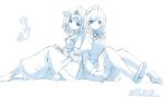  2girls back-to-back blue female izayoi_sakuya monochrome multiple_girls saigyouji_yuyuko seo_tatsuya sitting touhou 
