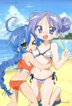  alternate_hairstyle beach bikini blush braid highres hiiragi_kagami izumi_konata lucky_star nishiya_futoshi side-tie_bikini swimsuit tsurime yuri 