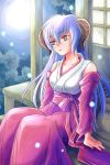  1girl blue_hair detached_sleeves fireflies firefly hakama hanyuu higurashi_no_naku_koro_ni horns japanese_clothes long_hair miko moon night night_sky outdoors pink_eyes porch red_hakama sabusuka sitting sky solo stairs veranda 