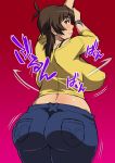  1girl amaha_masane ass backboob blush breasts brown_eyes brown_hair denim from_behind huge_ass huge_breasts impossible_clothes impossible_shirt jeans looking_back pants shirt solo tetrodotoxin witchblade 