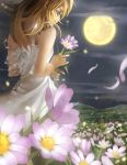 1girl blonde_hair blue_eyes dress fireflies firefly flower full_moon moon original petals profile shilin solo tattoo white_dress 