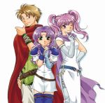  1boy 2girls aqua_eyes belt blonde_hair blush boots cape circlet cleric dress elbow_gloves fingerless_gloves fire_emblem fire_emblem:_rekka_no_ken florina florina_(fire_emblem) gloves green_eyes hand_on_hip hips long_hair lowres matthew multiple_girls pegasus_knight pink_hair purple_hair scarf serra serra_(fire_emblem) short_hair smile thigh-highs thigh_boots twintails violet_eyes wink yellow_eyes 