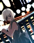  1girl bare_shoulders blue_dress blue_eyes blurry_background city_lights dress dutch_angle eyepatch from_side looking_at_viewer looking_to_the_side natori_(natorism) night original outdoors short_hair silver_hair solo 