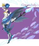  1girl armor armored_dress character_name dress feathers gwendolyn katou_kouki odin_sphere pteruges purple_background solo strapless_dress thigh-highs 