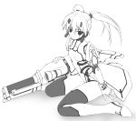  1girl android expressionless flat_chest greyscale gun high_contrast looking_at_viewer mecha_musume monochrome phantasy_star phantasy_star_online racaseal sakana sitting solo thigh-highs tsurime twintails wariza weapon white_background 