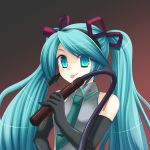  1girl aqua_eyes aqua_hair bare_shoulders eko femdom gloves hatsune_miku headphones long_hair microphone necktie smile solo twintails vocaloid whip 