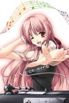  1girl beamed_quavers dj foreshortening headphones miyase_mahiro music musical_note original outstretched_arm outstretched_hand phonograph pink_eyes pink_hair quaver reaching solo staff_(music) tank_top turntable 