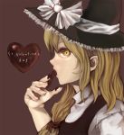  1girl blonde_hair brown_background chocolate chocolate_heart english female hat heart kirisame_marisa long_hair open_mouth simple_background solo touhou valentine witch_hat xero yellow_eyes 