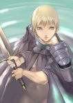  1girl armor blonde_hair blue_eyes bottomless cape claymore claymore_(sword) don_michael jean lake short_hair solo sword weapon 