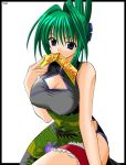  1girl blue_eyes breasts china_dress chinese_clothes cleavage dress garters green_hair huge_breasts large_breasts mouth_hold ofuda shaman_king solo tao_jun 