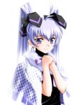  1girl aizawa_kotarou black_shirt blue_eyes capelet cloak grey_eyes headgear long_hair looking_at_viewer muvluv own_hands_together shirt silver_hair simple_background smile solo twintails white_background white_hair yashiro_kasumi 
