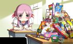  1girl classroom desk game_cg hiide pink_hair saliva school_uniform serafuku snack solo yotsunoha yuzuki_iori 