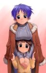  2girls age_difference blue_eyes blue_hair blush breast_rest breasts breasts_on_head brown_eyes brown_hair child large_breasts mature milf mother_and_daughter multiple_girls original satou_toshiyuki 