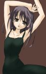  1girl armpits arms_up black_dress brown_hair collarbone dress expressionless long_hair looking_at_viewer open_mouth original simple_background solo soubi 