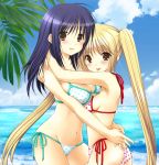  2girls :p azuma_yuki beach bikini black_hair blonde_hair brown_eyes hug long_hair multiple_girls ocean schoolmate swimsuit tongue tongue_out twintails 