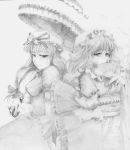  2girls breasts dress female hat monochrome multiple_girls nekoita saigyouji_yuyuko sketch touhou white_background yakumo_yukari 