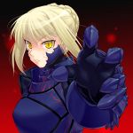  1girl armor armored_dress bangs blonde_hair braid dress fate/stay_night fate_(series) hair_bun looking_at_viewer lowres saber saber_alter slit_pupils solo upper_body yellow_eyes 