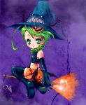  00s 1girl :o bare_shoulders black_gloves blush broom broom_riding elbow_gloves full_body gloves green_eyes green_hair halloween hat kanaria looking_at_viewer parted_lips pokomi purple_background rozen_maiden short_hair simple_background sitting solo straddling witch_hat 