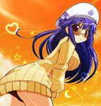 1girl arin beret breasts chirorian erect_nipples glasses hat large_breasts long_hair looking_at_viewer pangya panties parted_lips purple_hair red_eyes solo sweater underwear 