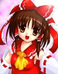 1girl :d ascot bare_shoulders brown_eyes brown_hair collar detached_sleeves dress female hakurei_reimu long_sleeves looking_at_viewer open_mouth pink_background red_dress ribbon-trimmed_sleeves ribbon_trim self_shot sidelocks simple_background smile solo tilm touhou 