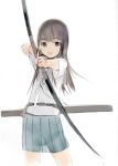  1girl :d bow_(weapon) eyebrows eyebrows_visible_through_hair holding holding_weapon long_hair looking_at_viewer okama open_mouth original pleated_skirt school_uniform see-through_silhouette serafuku short_sleeves skirt smile solo weapon 