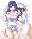  2girls arin bed black_hair blanket blue_hair blush breasts cleavage closed_eyes dress_shirt hand_holding hands_together hat jyuru kooh large_breasts lying multiple_girls own_hands_together pajamas pangya shirt sleeping smile violet_eyes 