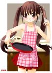 1girl :o apron armpits bare_shoulders blush bow cooking cowboy_shot frying_pan holding indoors kitchen long_hair looking_at_viewer noto_(soranoto) open_mouth original pleated_skirt red_bow sidelocks skirt solo twintails very_long_hair 
