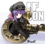  1girl :d artist_name badge bangs blue_eyes blush bow cowboy_shot epaulettes excel_(gewalt) flat_chest from_side gloves ground_vehicle hair_bow hat headphones headset index_finger_raised jacket long_sleeves looking_to_the_side military military_vehicle motor_vehicle nazi open_mouth original peaked_cap ponytail purple_hair shadow short_hair short_ponytail side_slit sidelocks signature simple_background skirt skull_and_crossbones sleeves_past_wrists smile solo tank vehicle white_background world_war_ii 
