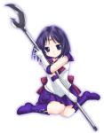  1girl 90s bishoujo_senshi_sailor_moon bob_cut boots bow brown_bow chibi choker elbow_gloves gloves knee_boots magical_girl over_shoulder polearm purple_boots purple_hair purple_skirt sailor_saturn silence_glaive skirt solo staff tiara tomoe_hotaru usashiro_mani violet_eyes weapon weapon_over_shoulder white_background white_gloves 