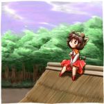  1girl animal_ears brown_eyes brown_hair cat_ears cat_tail chen earrings female forest hat jewelry lowres multiple_tails nature rooftop short_hair sitting solo tail touhou tree 