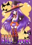  1girl bat bow food_themed_hair_ornament hair_ornament halloween happy_halloween hat jack-o&#039;-lantern long_hair midriff mika_mikan original pink_bow pointy_ears pumpkin pumpkin_hair_ornament purple_hair solo striped striped_legwear thigh-highs very_long_hair violet_eyes witch witch_hat 
